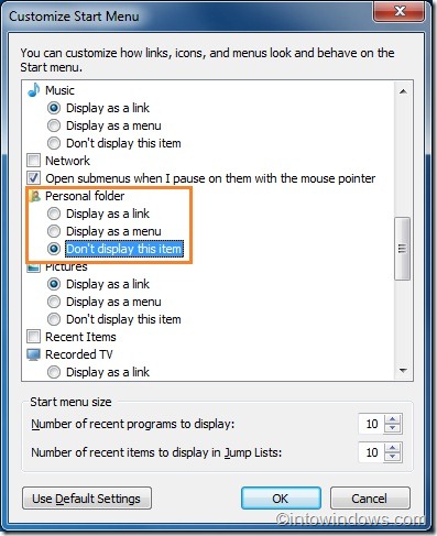 Cómo quitar el nombre de la cuenta de usuario del menú de inicio en Windows 7 pic4