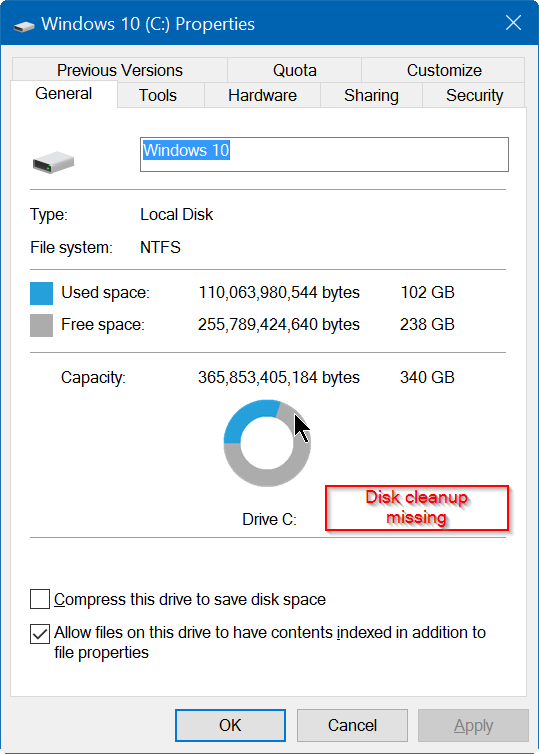 Falta limpieza del disco en las propiedades de la unidad en Windows 10 pic1