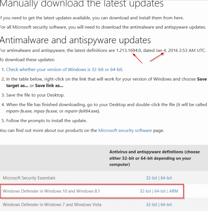 Descargar actualizaciones de Windows Defender para Windows 10 pic1