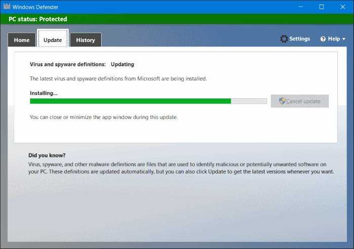 Descargar actualizaciones de Windows Defender