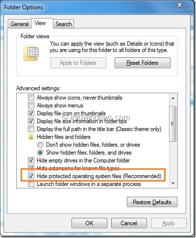 Ocultar opción de archivos del sistema operativo protegido activada