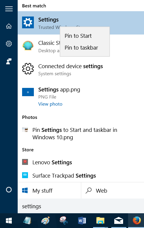 Pin settings to start menu and taskbar in windows 10 pic1