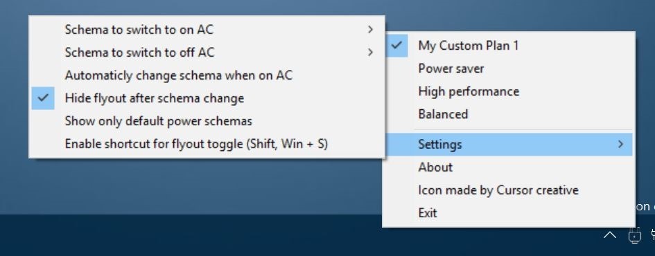 Power Plan Switcher cambia el plan de energía de la barra de tareas en Windows 10 pic2