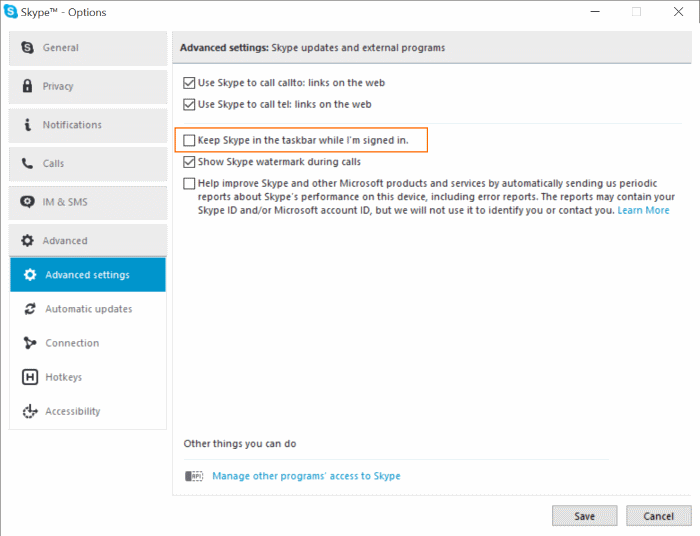 Quitar el icono de Skype de la barra de tareas de Windows 10 pic3