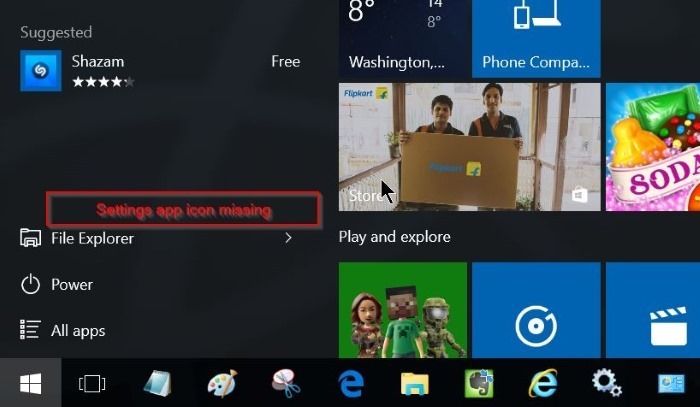 Falta icono de configuración del menú Inicio en Windows 10 pic1
