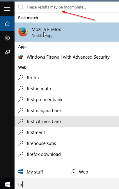 Estos resultados pueden ser mensajes incompletos en el menú Inicio de Windows 10