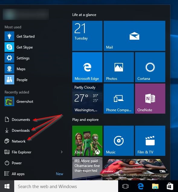 add downloads and documents to start menu Windows 10