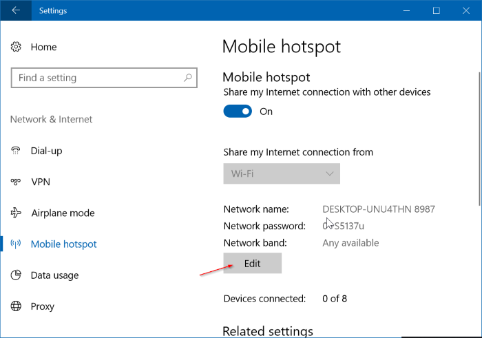 cambiar el nombre y la contraseña del hotsport móvil en Windows 10 pic2
