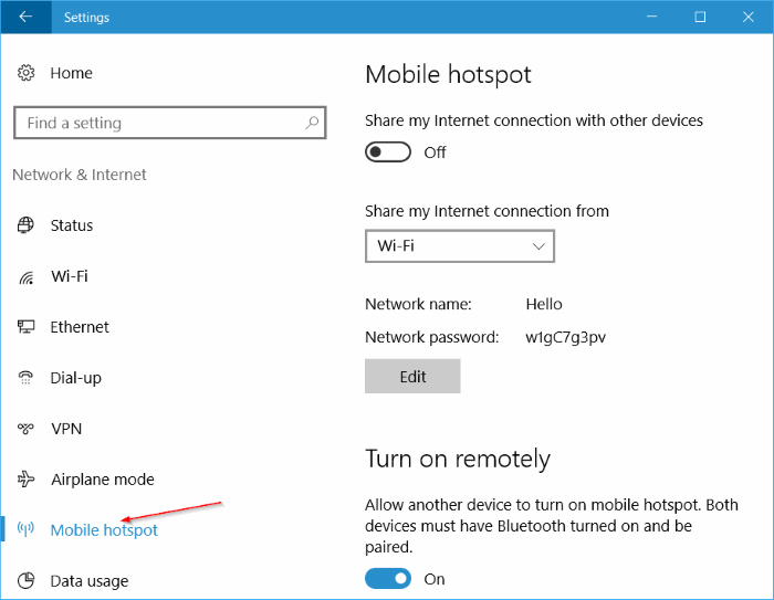 cambiar el nombre y la contraseña de la zona activa móvil en Windows 10 pic1