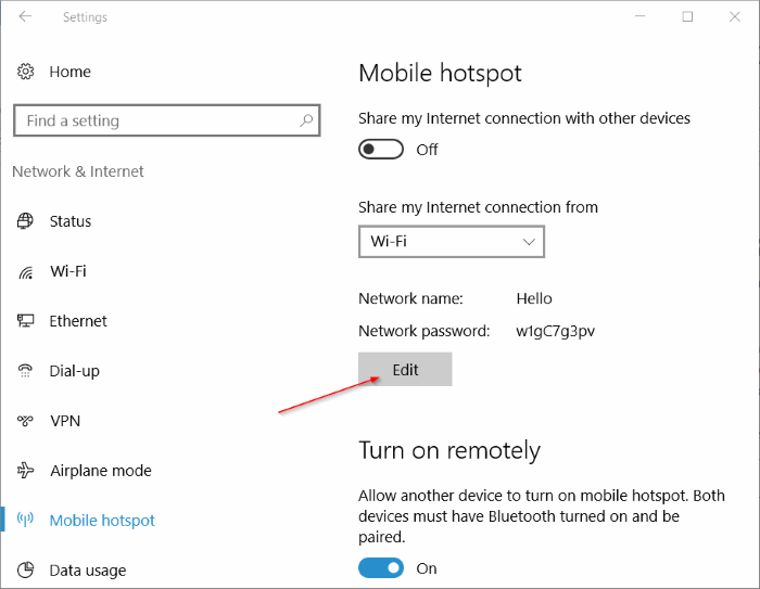 cambiar el nombre y la contraseña de la zona activa móvil en Windows 10 pic2
