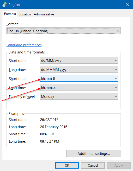 cambiar el reloj al formato de 12 horas en Windows 10 step7