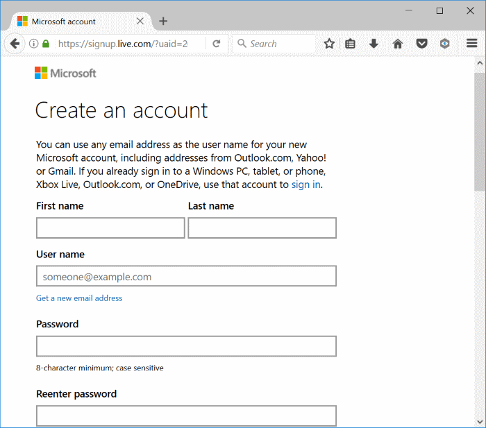 crear una cuenta de Microsoft para Windows 10 pic1