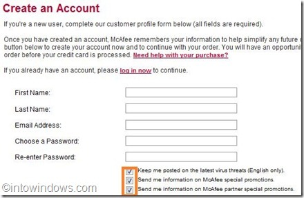 create an account for mcafee