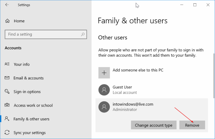 eliminar una cuenta de Microsoft de Windows 10 pic1