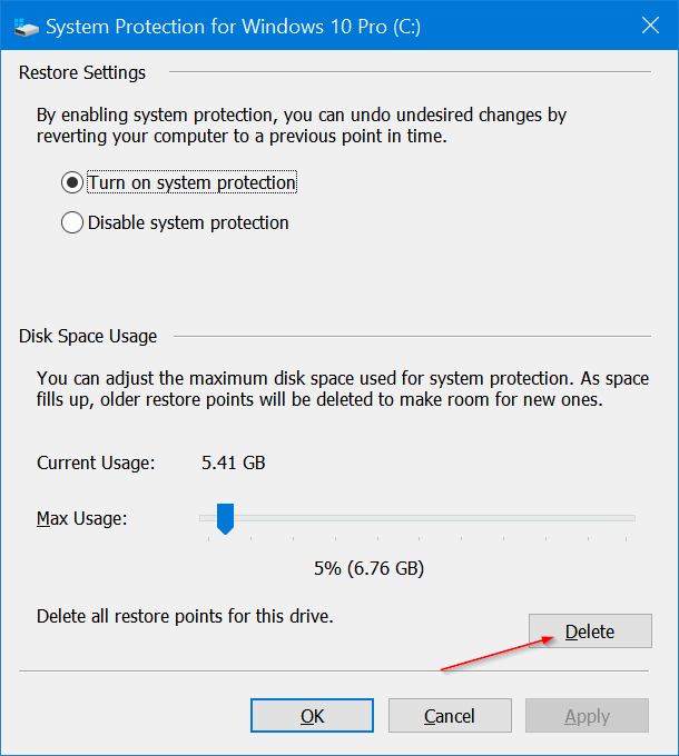 eliminar puntos de restauración en Windows 10 pic3