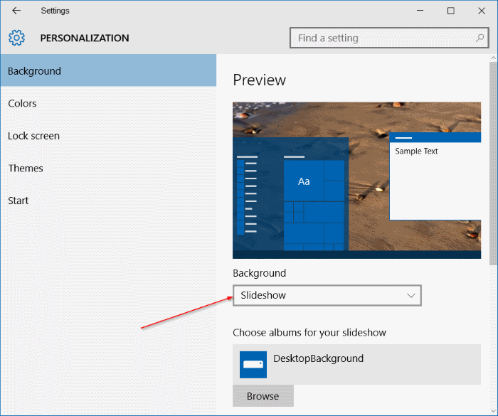 presentación de diapositivas de escritorio que no funciona Windows 10 step1
