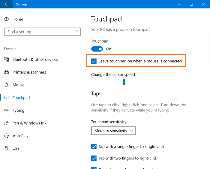 desactivar el touchpad cuando el ratón está conectado en Windows 10
