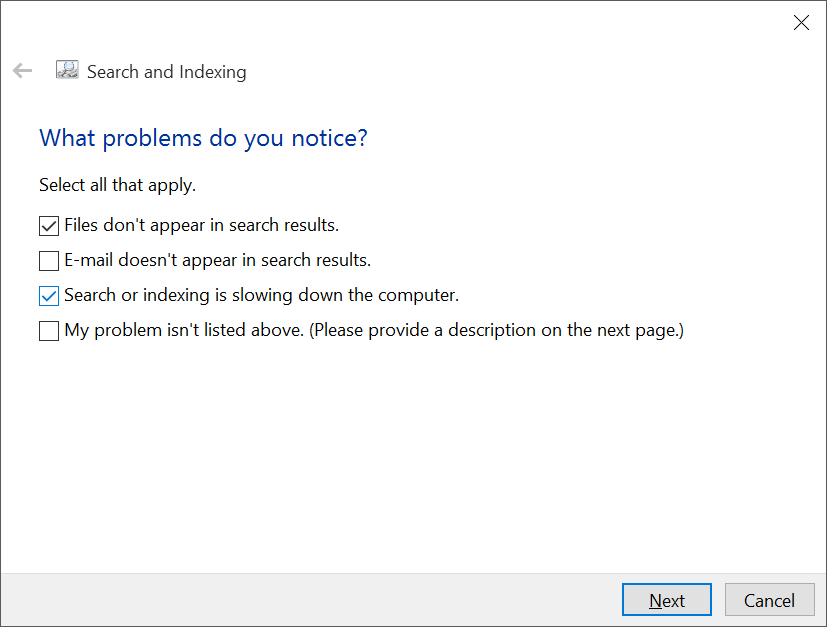 corregir problemas de búsqueda de Windows 10 reconstruyendo el índice pic11