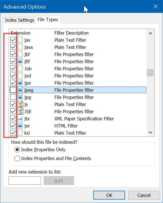 ocultar ciertos tipos de archivo de los resultados de búsqueda en Windows 10 pic3
