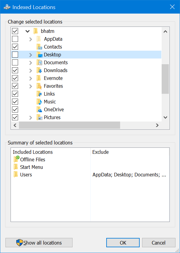 ocultar archivos y carpetas de los resultados de búsqueda en Windows 10 pic4