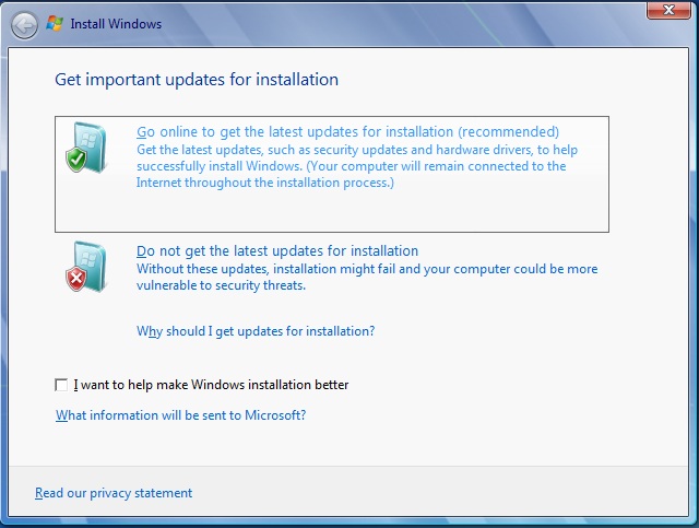 install windows 7 go online option