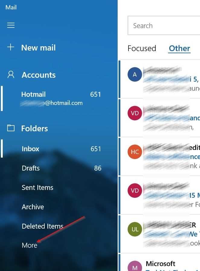 abrir la carpeta de spam en la aplicación de correo de Windows 10 pic1