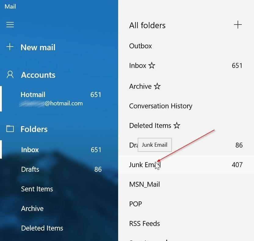 abrir la carpeta de spam en la aplicación de correo de Windows 10 pic2
