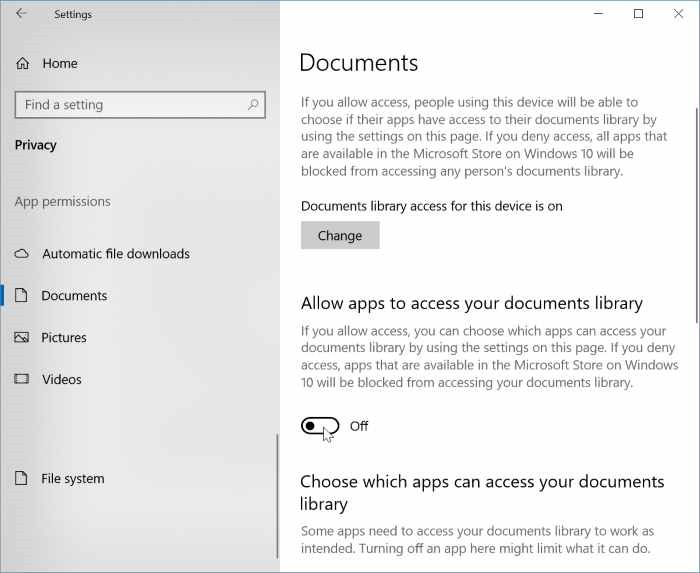 impedir que las aplicaciones accedan a documentos, imágenes y vidoes en Windows 10 pic01