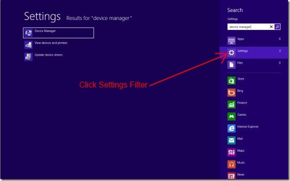 search for settings in Windows 8 Start screen