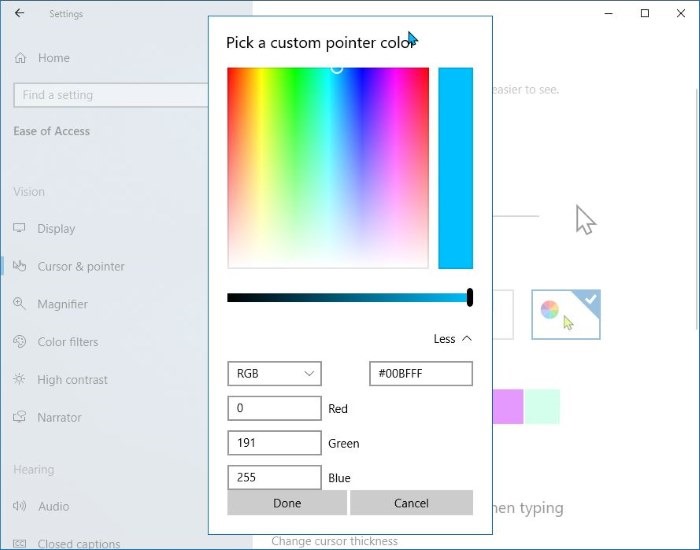 set custom color for mouse pointer in windows 10