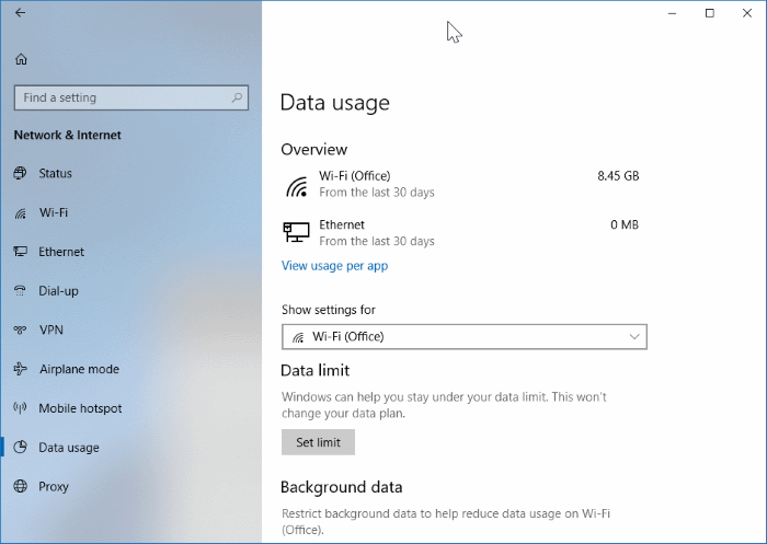 establecer límite de datos para redes WiFi en Windows 10 pic1