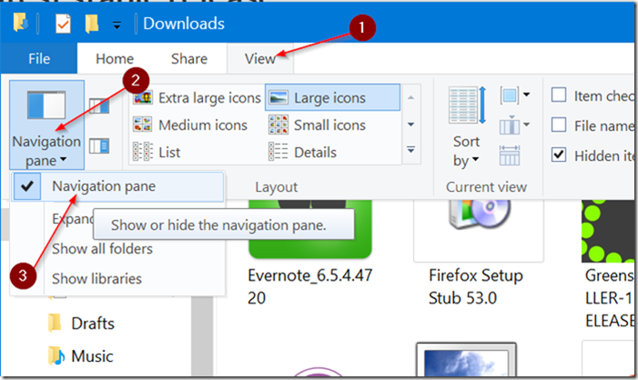 shor or hide navigation pane in Windows 10 File Explorer