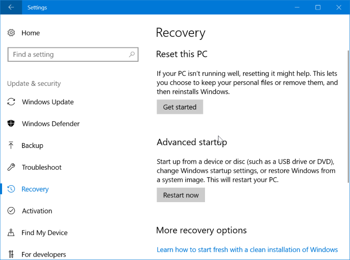 when to use Windows 10 recovery options
